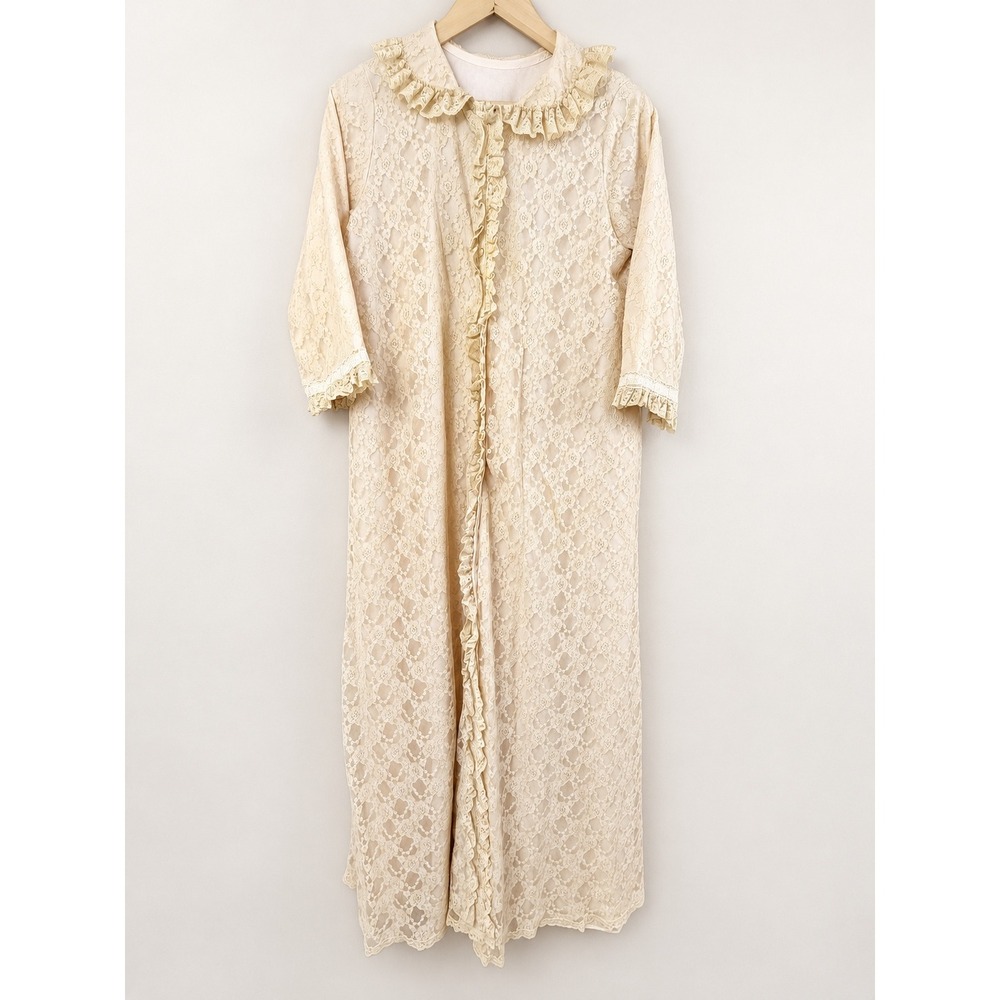 Vintage Ivory Floral Lace Peignoir Robe Maxi Ruffle Bridal Cottagecore